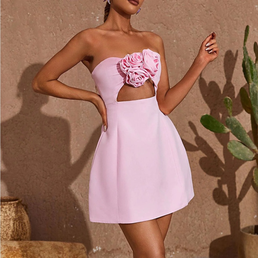 Pink strapless floral cutout mini dress - NWT